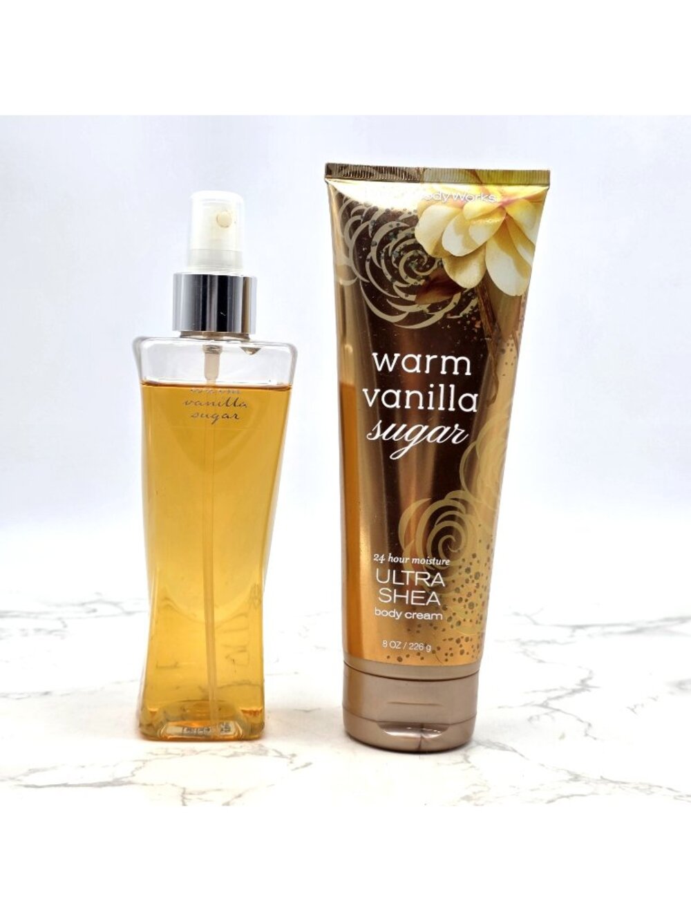 2 Bath & Body Works Warm Vanilla Sugar Fragrance Mist and 24 Hr Body Cream 8 oz